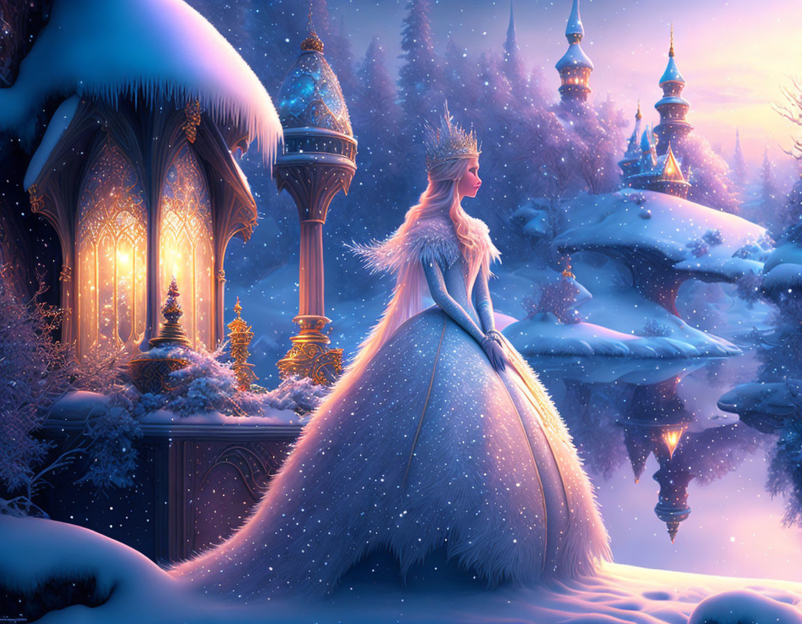 Queen in Sparkling Blue Gown Stands in Snowy Fantasy Landscape