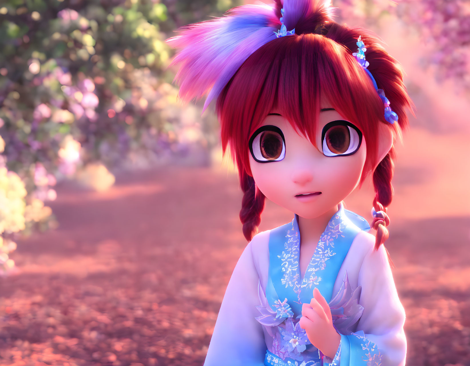 Red-haired animated character in blue attire surrounded by pink trees