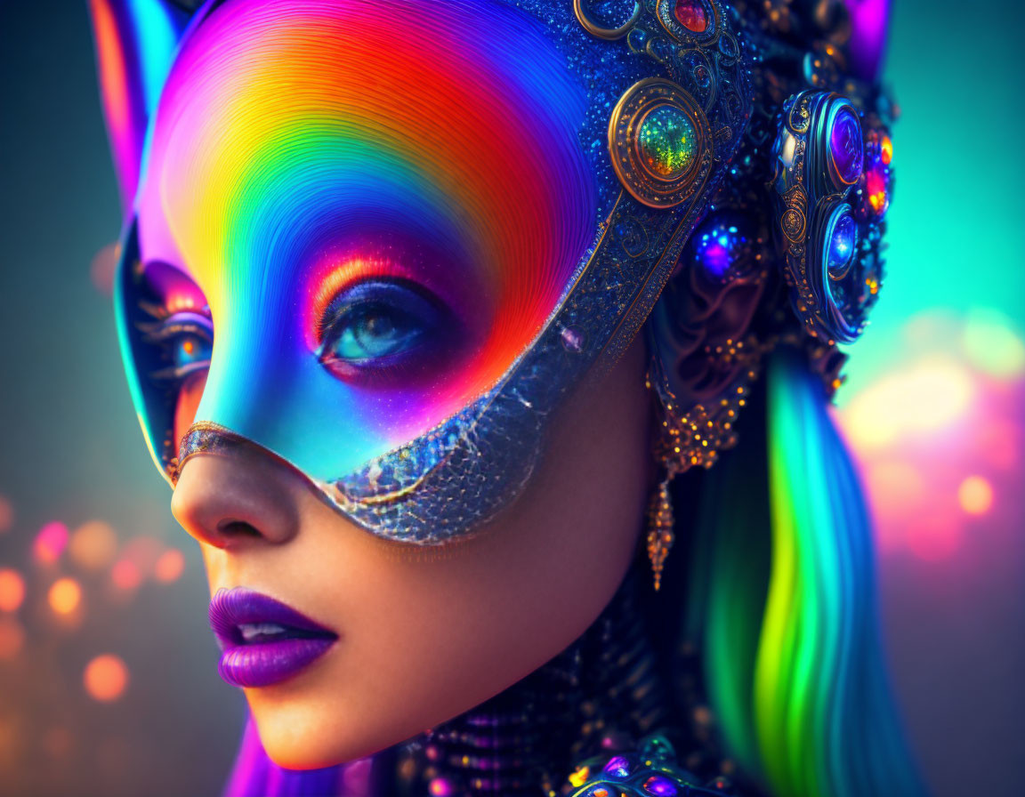 Colorful portrait with rainbow makeup and jeweled headdress on gradient background