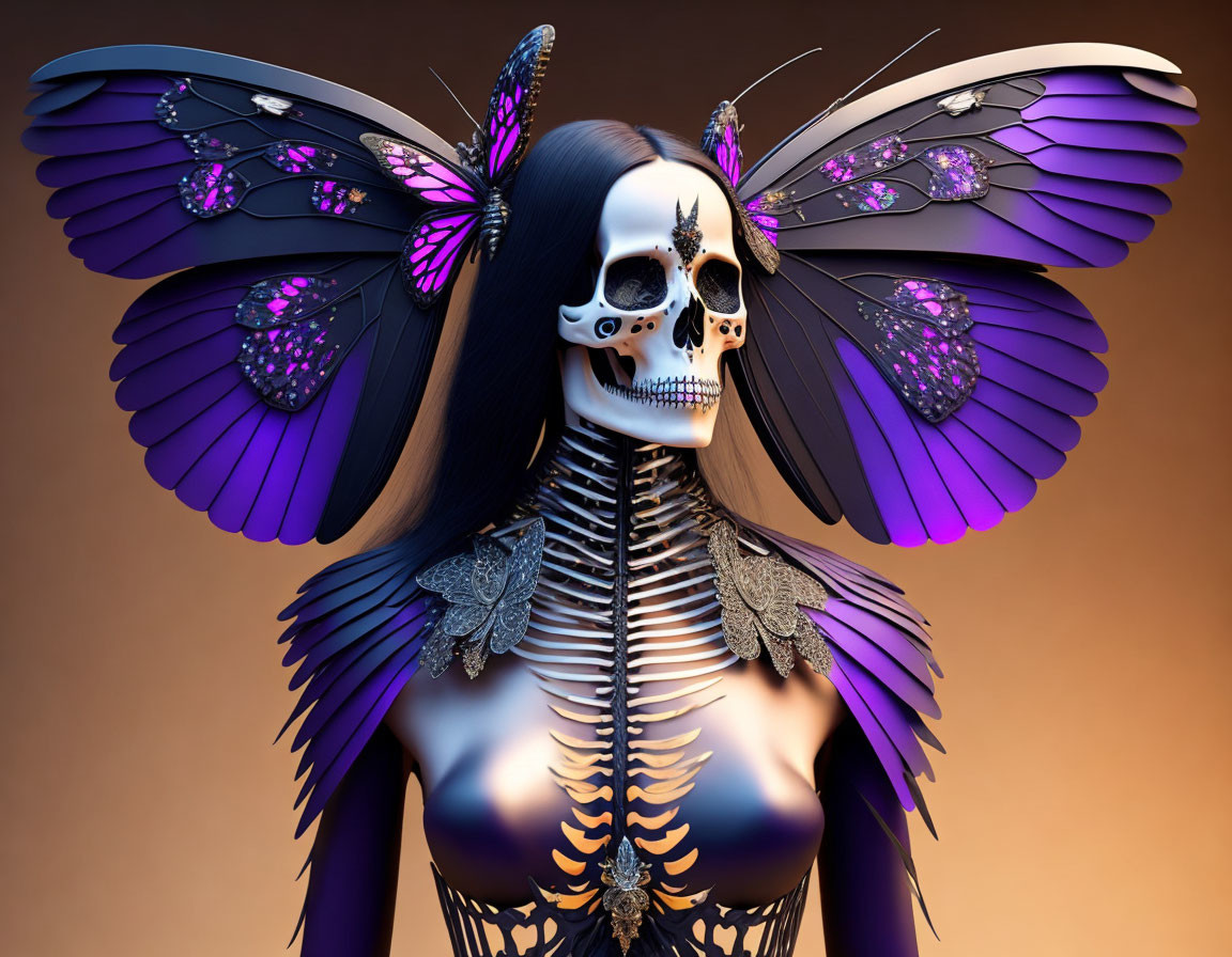 Skeleton with purple butterfly wings and motif on skull and body