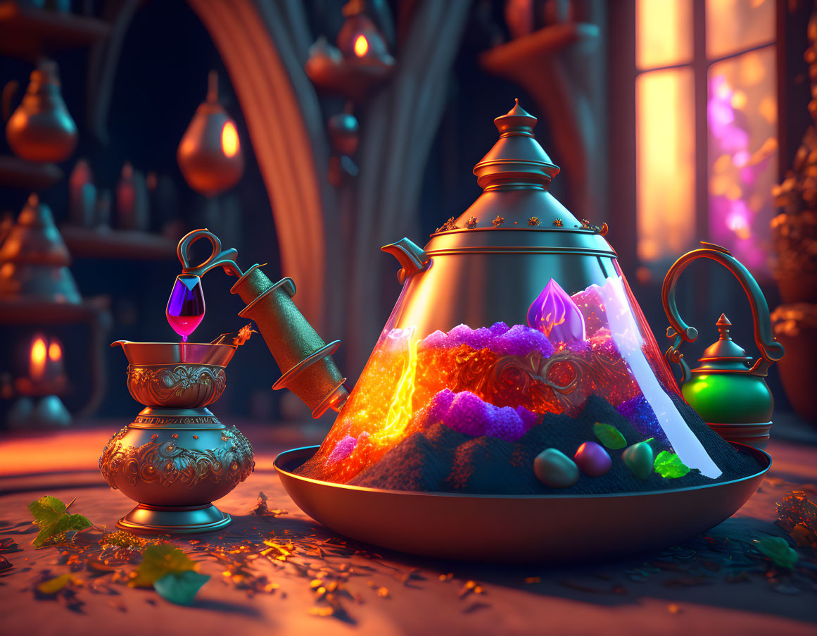 Colorful Still Life Scene with Glowing Crystals and Antique Vessels