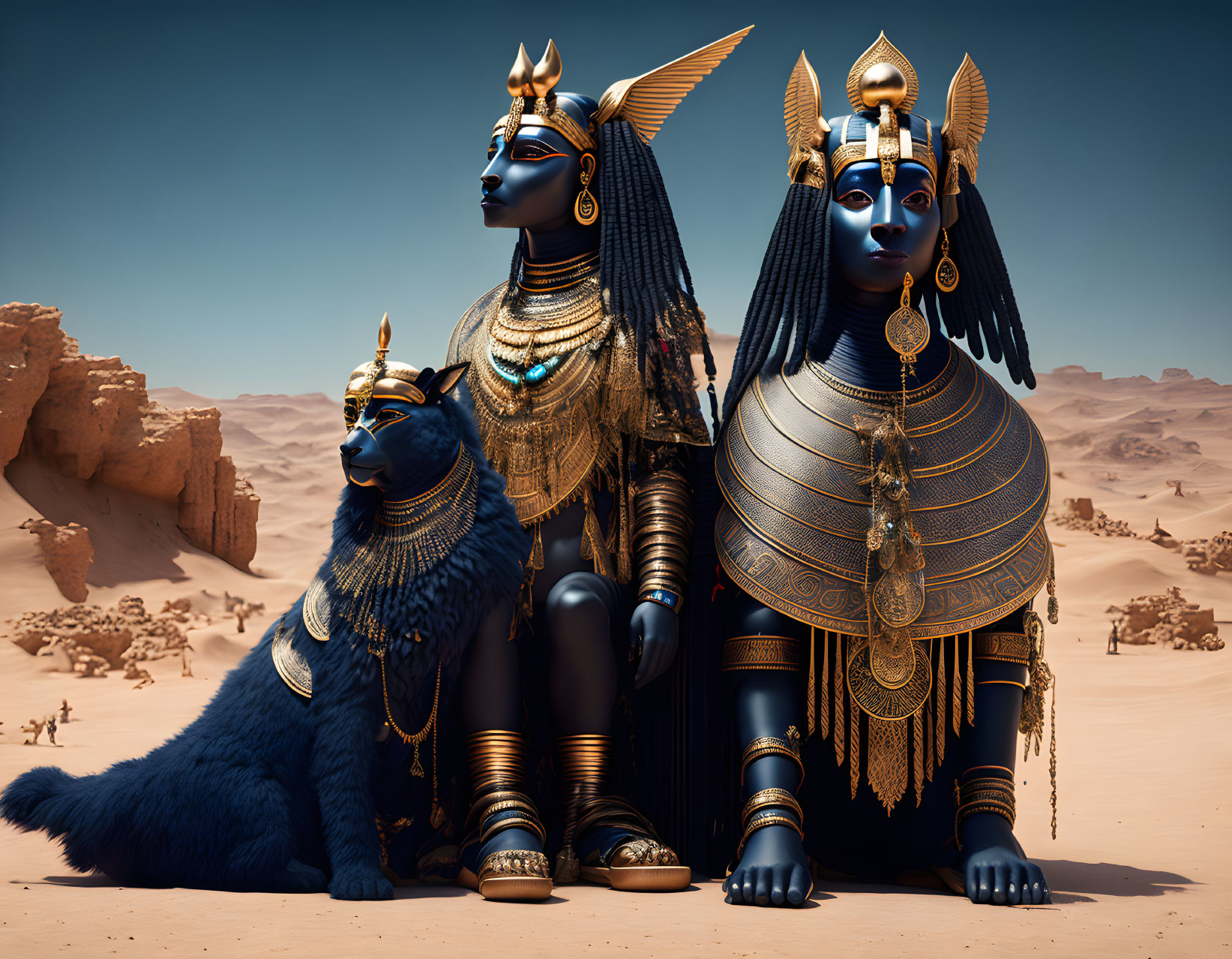 Stylized Egyptian figures with Anubis-like heads in ornate gold and black costumes beside a