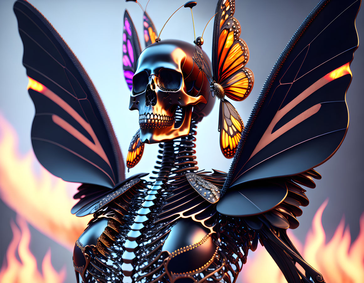 3D illustration of metallic skeleton with butterfly wings and human skull