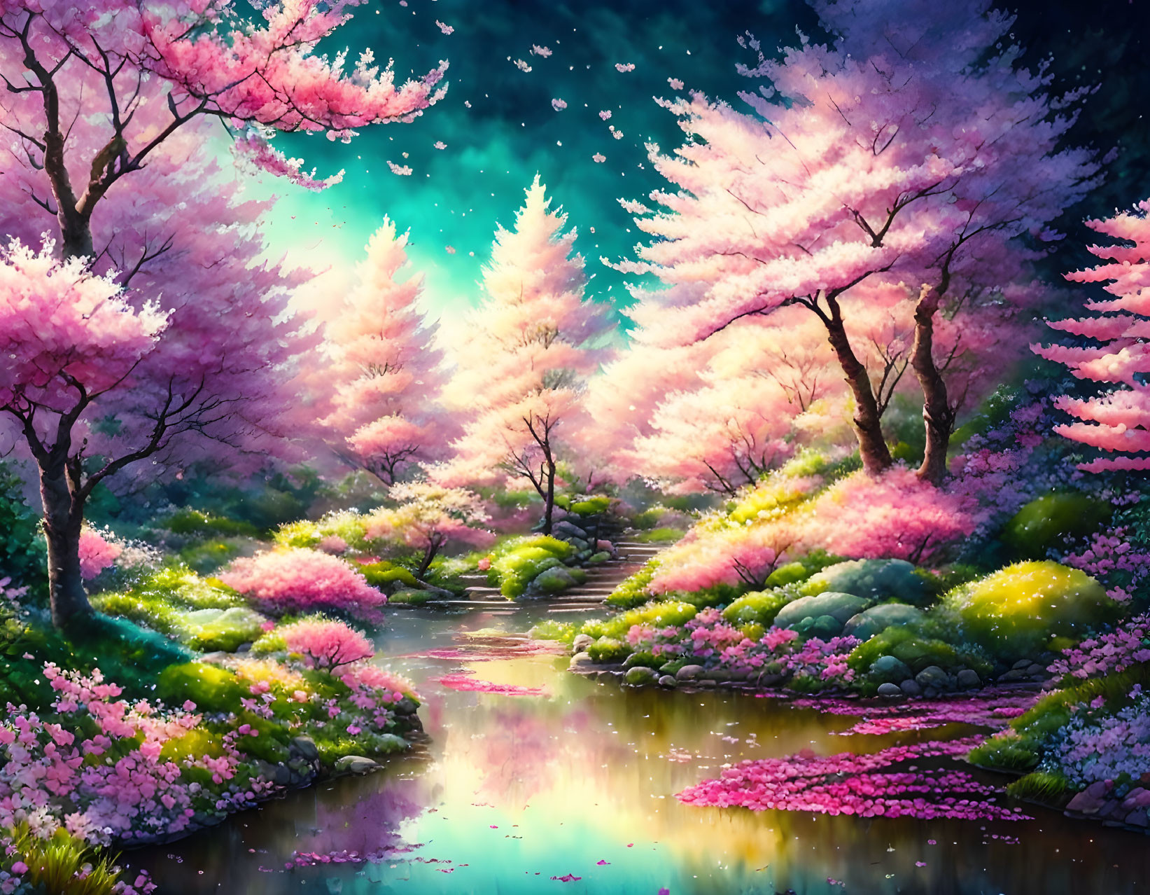 Fantasy-style landscape with serene river and pink blossoming trees