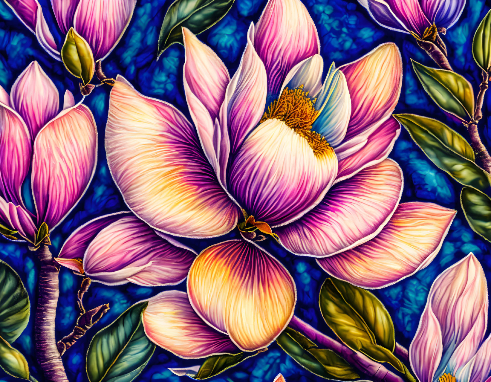 Colorful Magnolia Flower Painting on Dark Blue Background