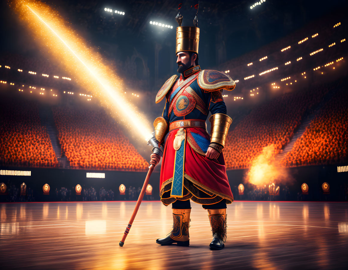 Roman Gladiator in Ornate Armor with Sword in Arena