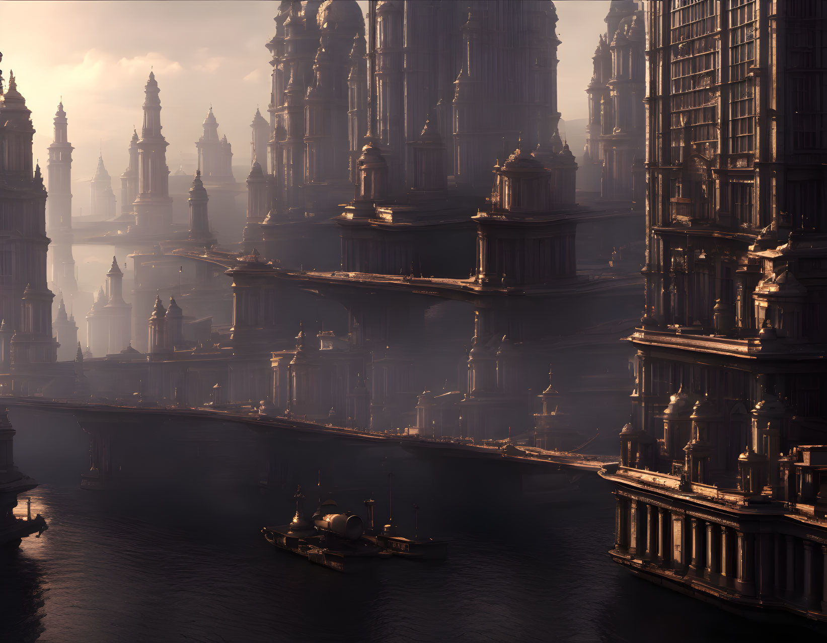 Gothic cityscape with bridges, airships, and golden light