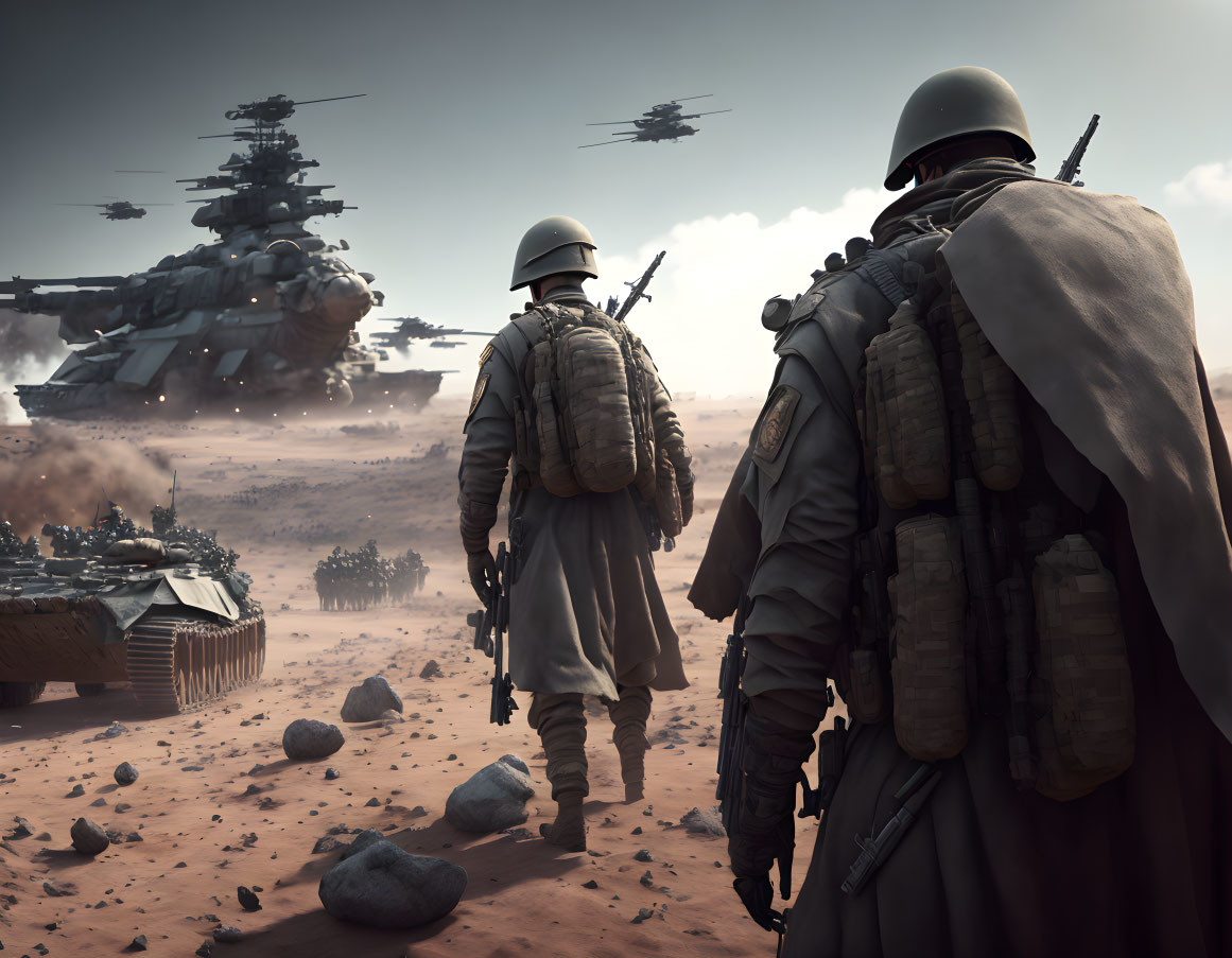 Military soldiers in desert gear view tanks and aircraft in war-torn desert.