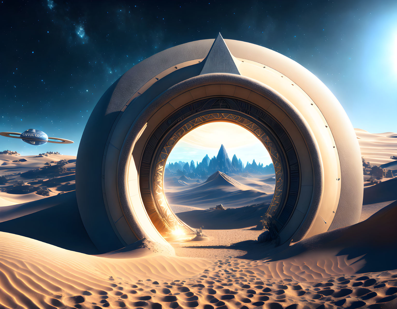 Futuristic desert portal reveals icy peaks and spaceship