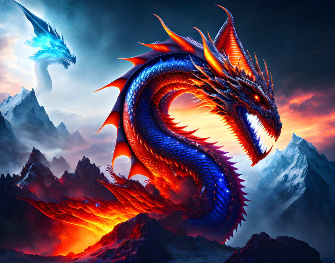 Majestic blue and red dragons in snowy mountain landscape