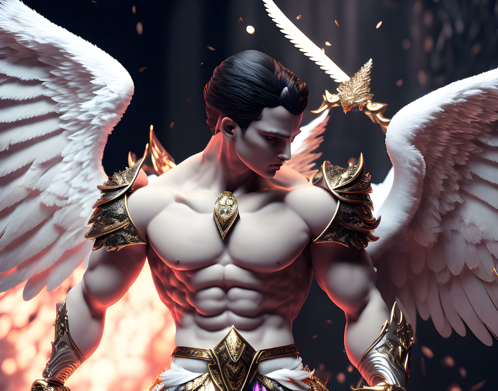 Majestic muscular angel in golden armor with white wings in fiery backdrop