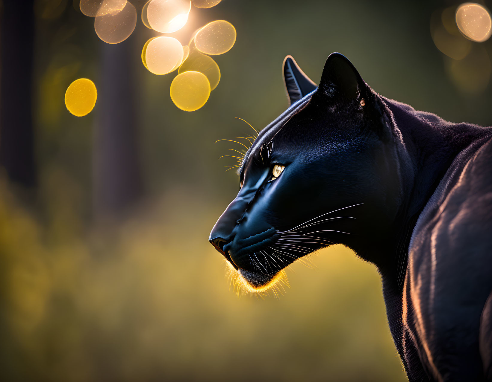 Black Panther with Piercing Eyes in Warm-lit Forest