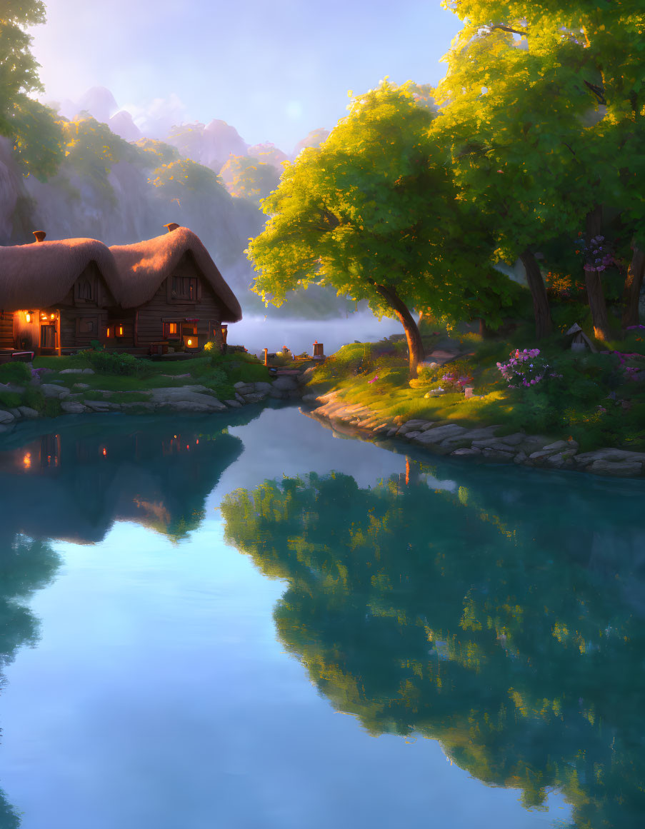 Thatched-Roof Cottage by Calm Lake at Sunrise or Sunset