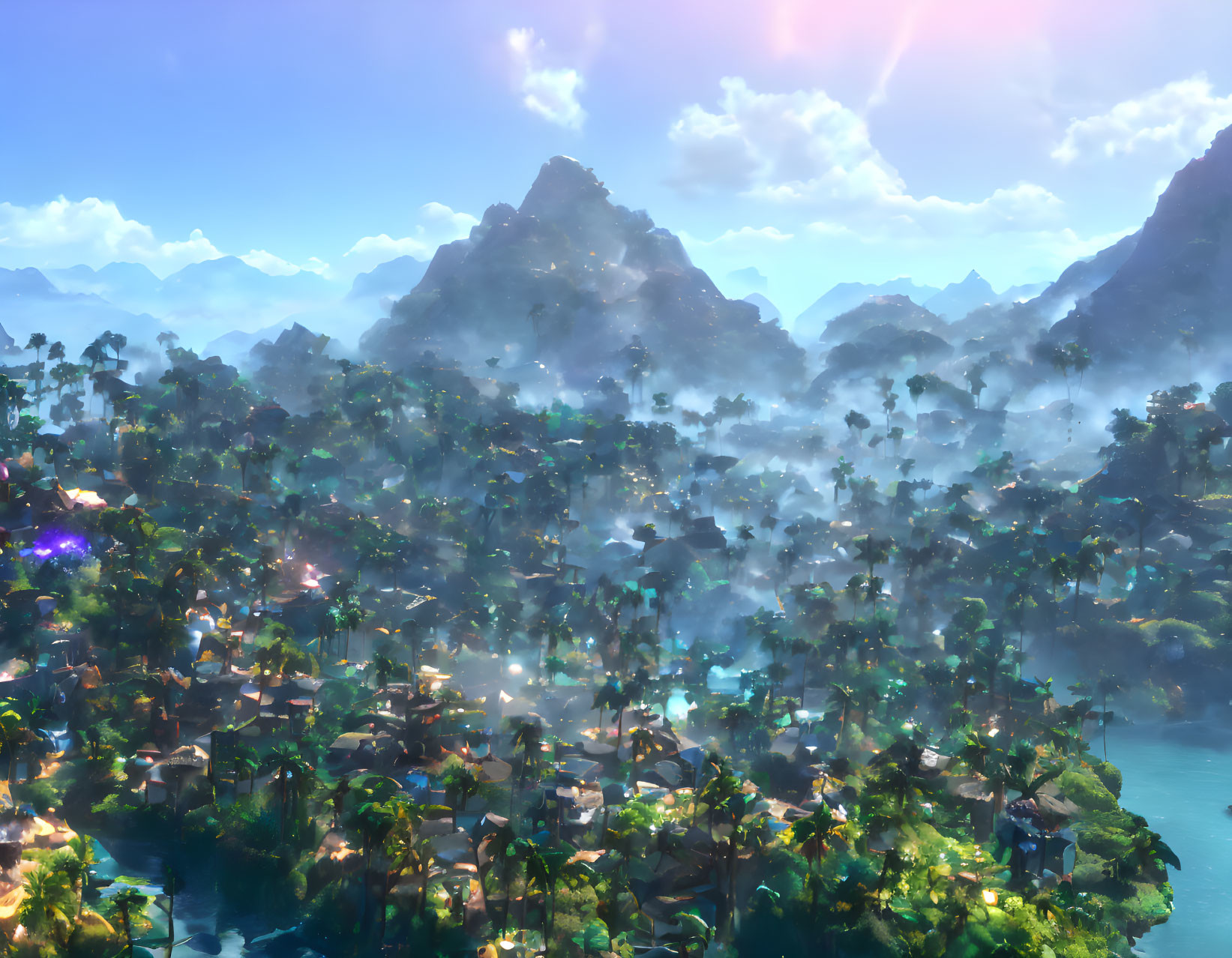 Vibrant jungle scene with mountains, village, and hazy sky