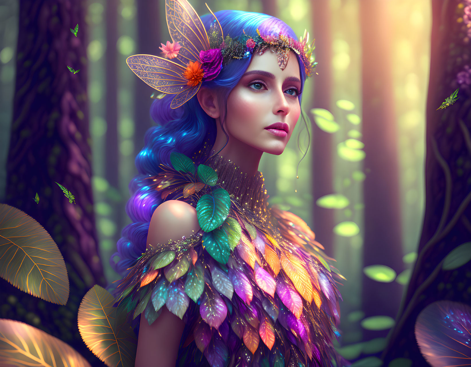 Ethereal fairy with colorful wings in mystical forest