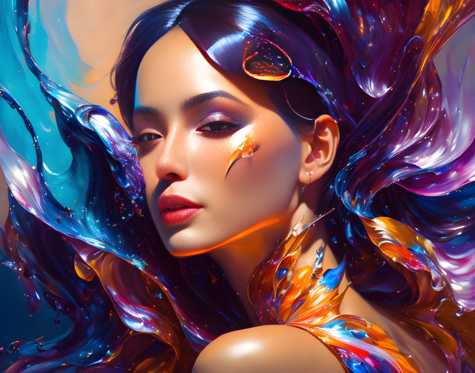 Colorful portrait of a woman with swirling multicolored hair and paint-like textures.