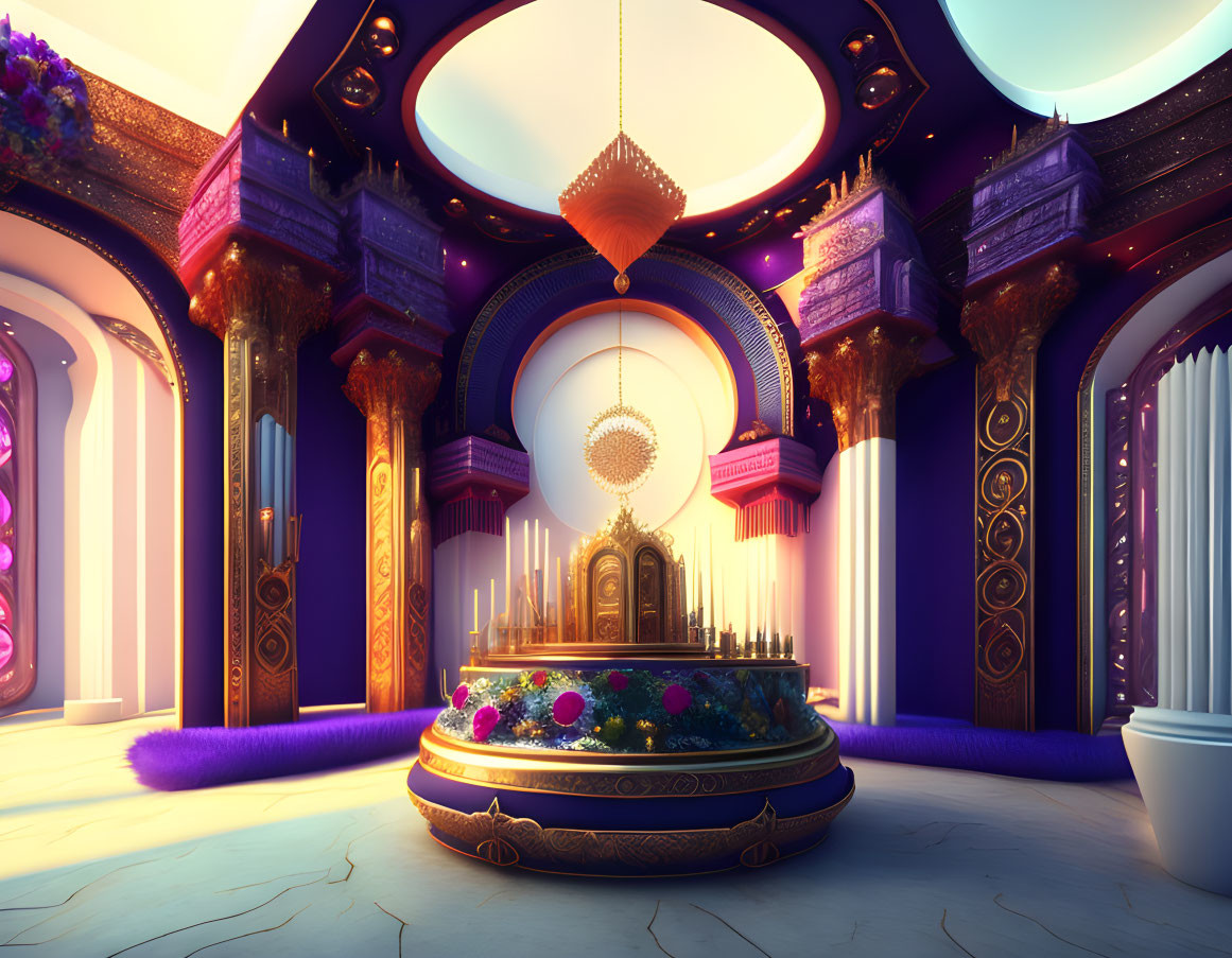 Opulent fantasy interior with golden pillars, vibrant colors, fountain, and luminous orbs