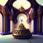 Opulent fantasy interior with golden pillars, vibrant colors, fountain, and luminous orbs