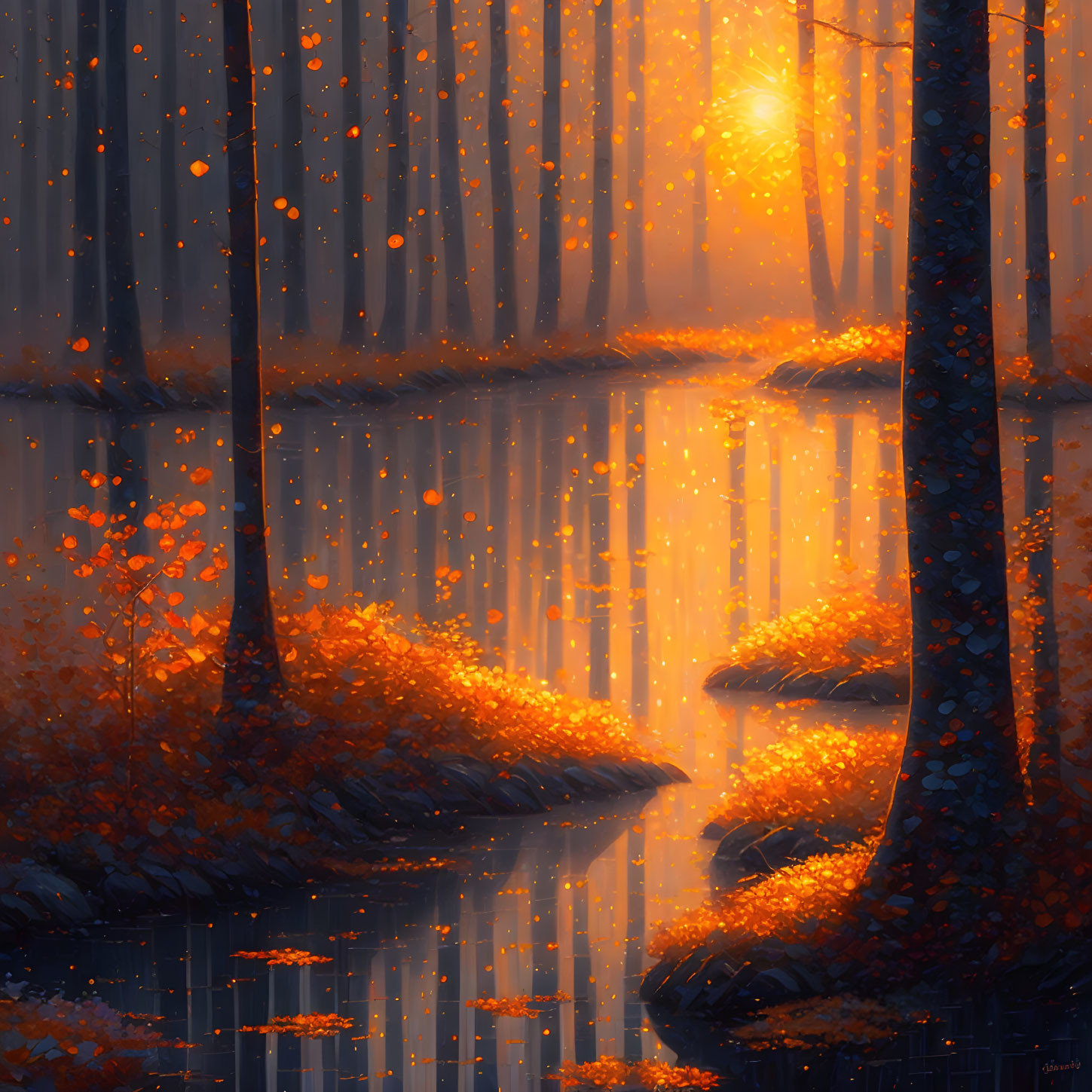 Tranquil autumn forest with sunlight filtering through tall trees