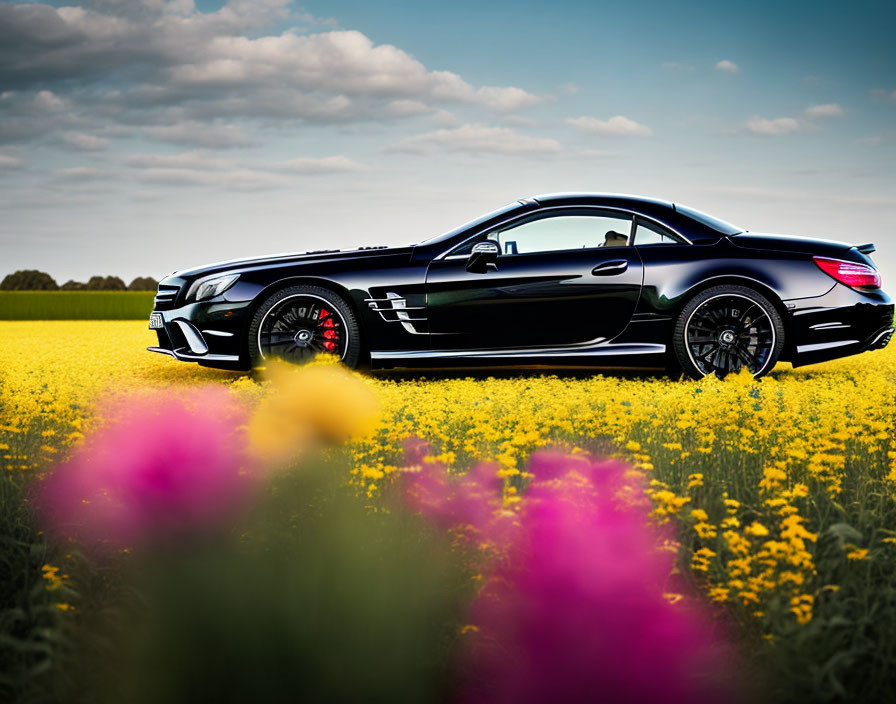 Luxury black sports car in vibrant flower field with pink flowers and blue sky