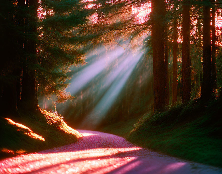 Forest Path Illuminated by Sunbeams