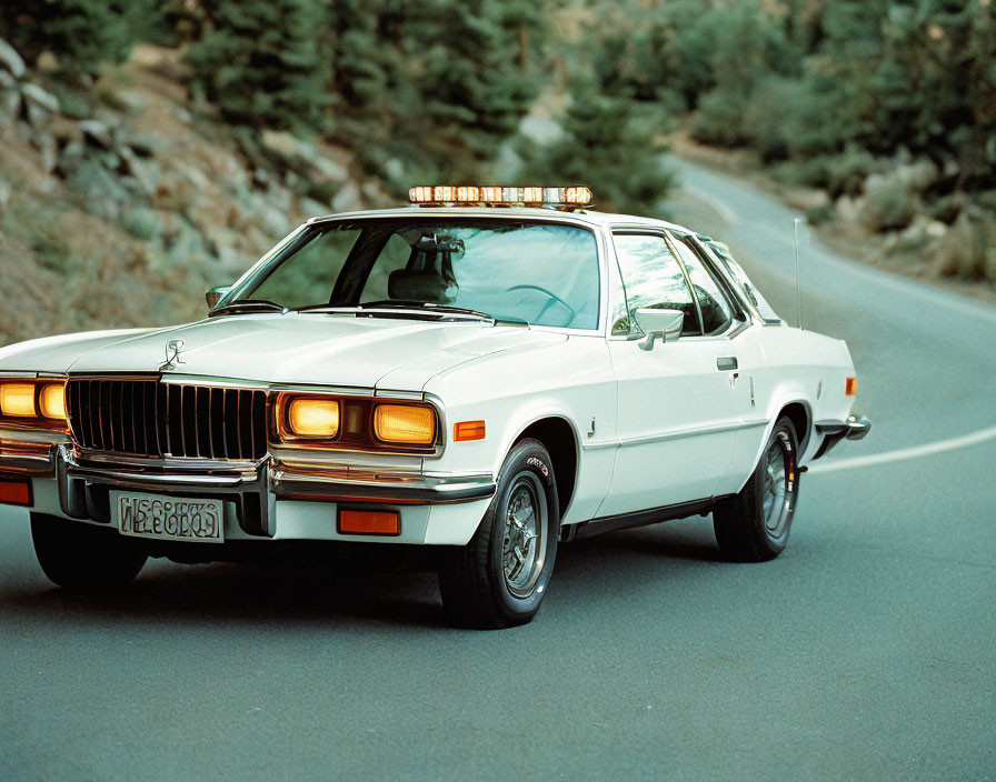 Vintage White Police Car with Single Beacon Light Parked in Forest