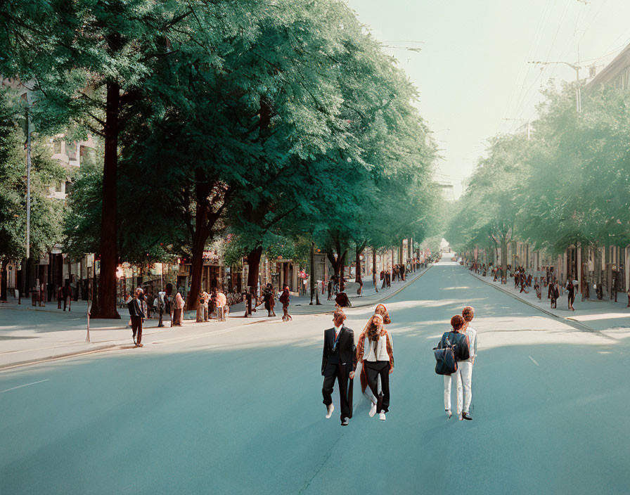 City street scene with tree-lined sidewalks and pedestrians crossing a blue road