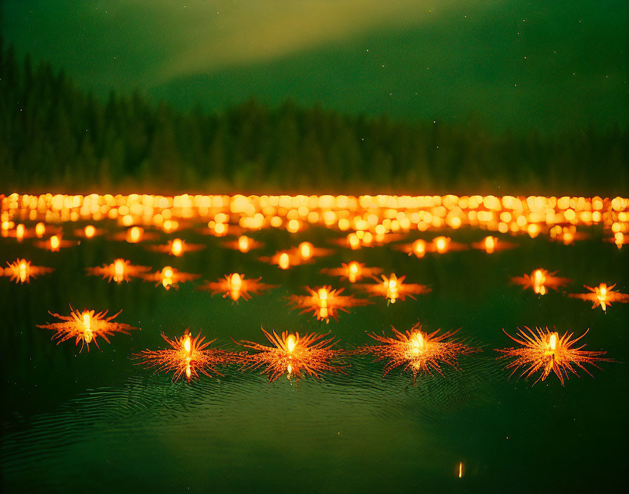 Nighttime lake scene with floating sparklers and forest silhouette