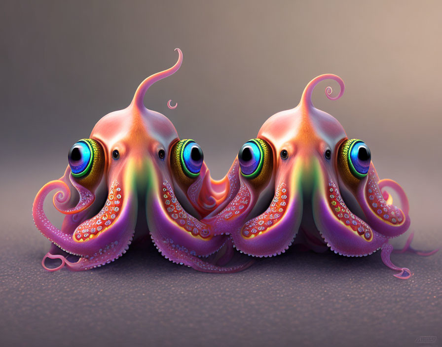 Colorful stylized cartoon octopuses with expressive eyes and ornate tentacles.