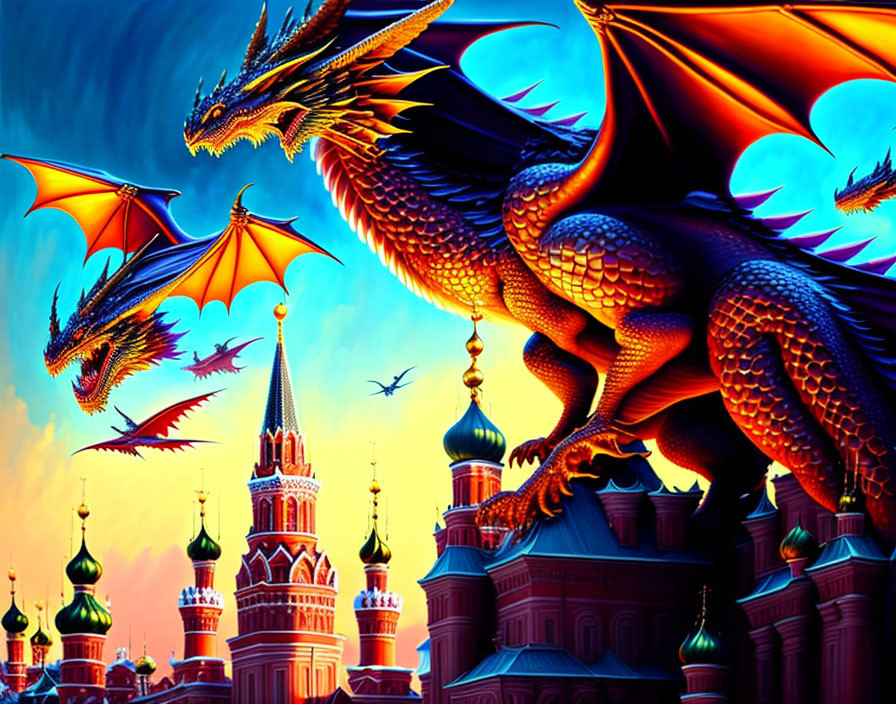 Colorful Dragons Over Russian Skyline in Dramatic Lighting