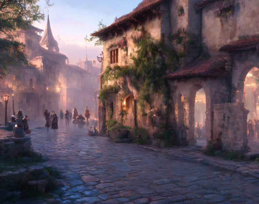 Medieval village at dusk with cobbled streets and old stone houses