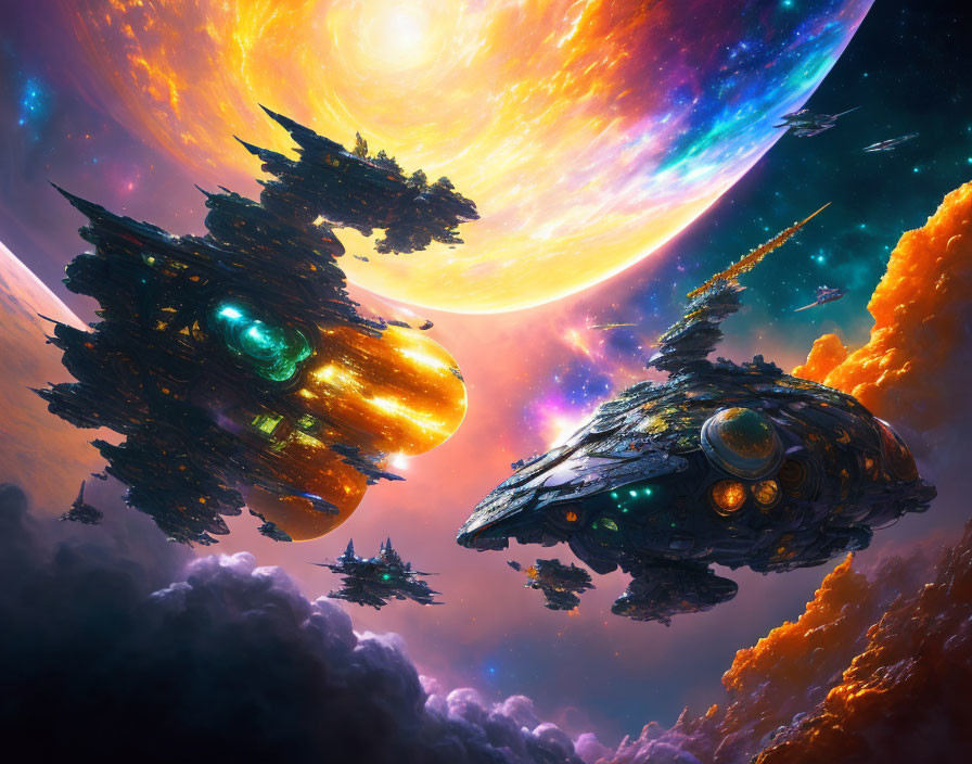 Futuristic spacecraft fleet in cosmic landscape with sun, planets, and nebulae