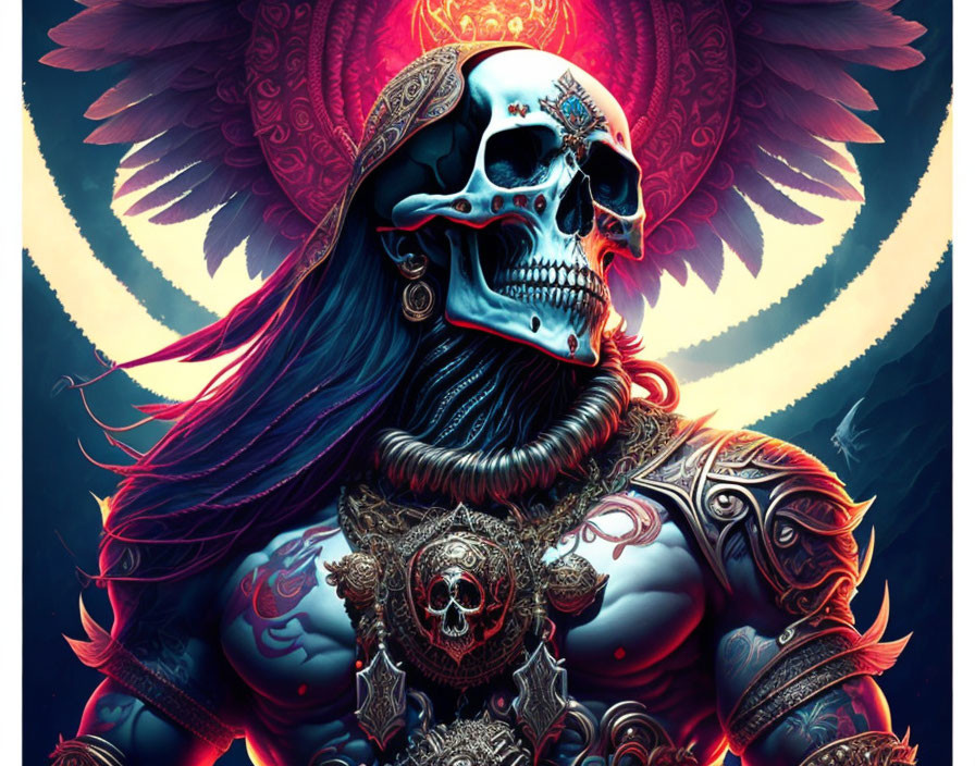 Detailed Blue Armored Skeletal Figure with Red Halo Illustration