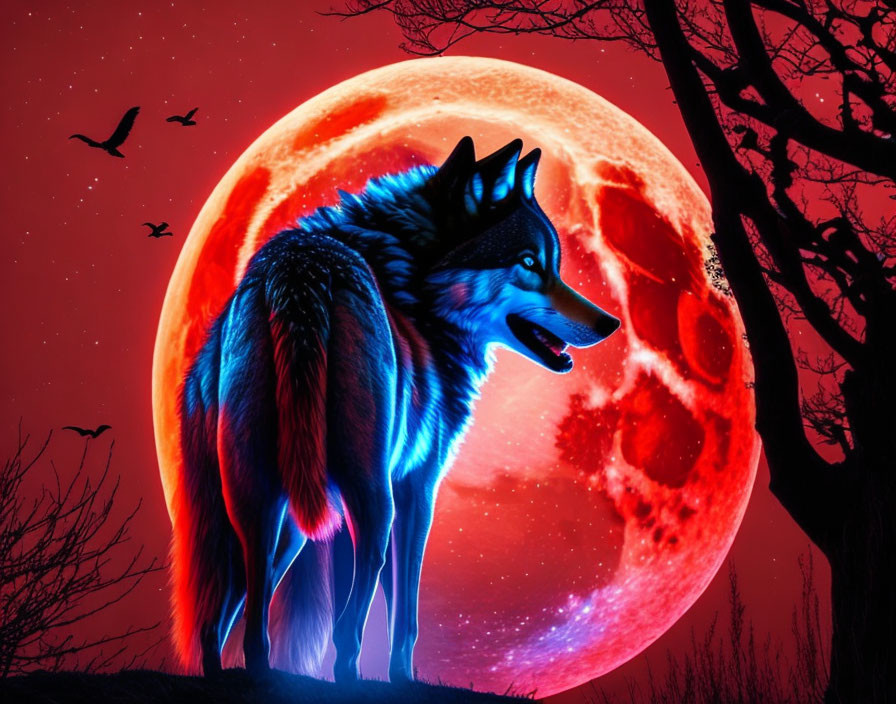 Detailed Wolf Howling at Red Moon with Birds and Trees