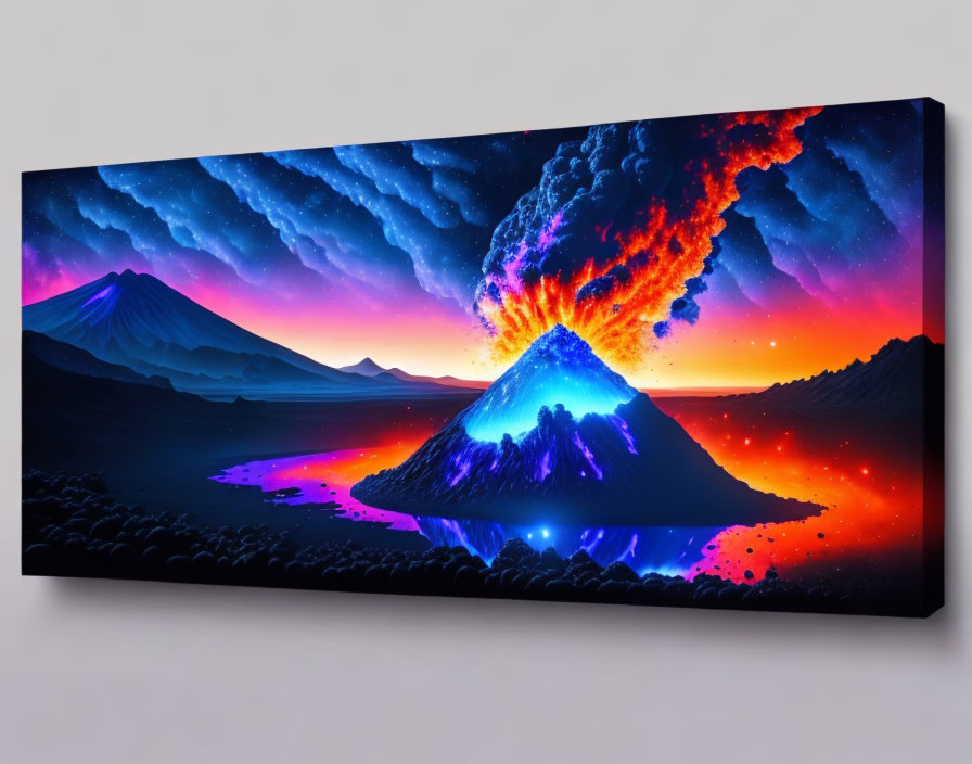 Colorful canvas artwork of volcanic eruption with blue and red hues.