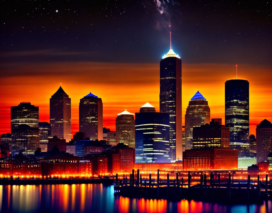 Twilight city skyline with illuminated skyscrapers and vibrant sunset backdrop