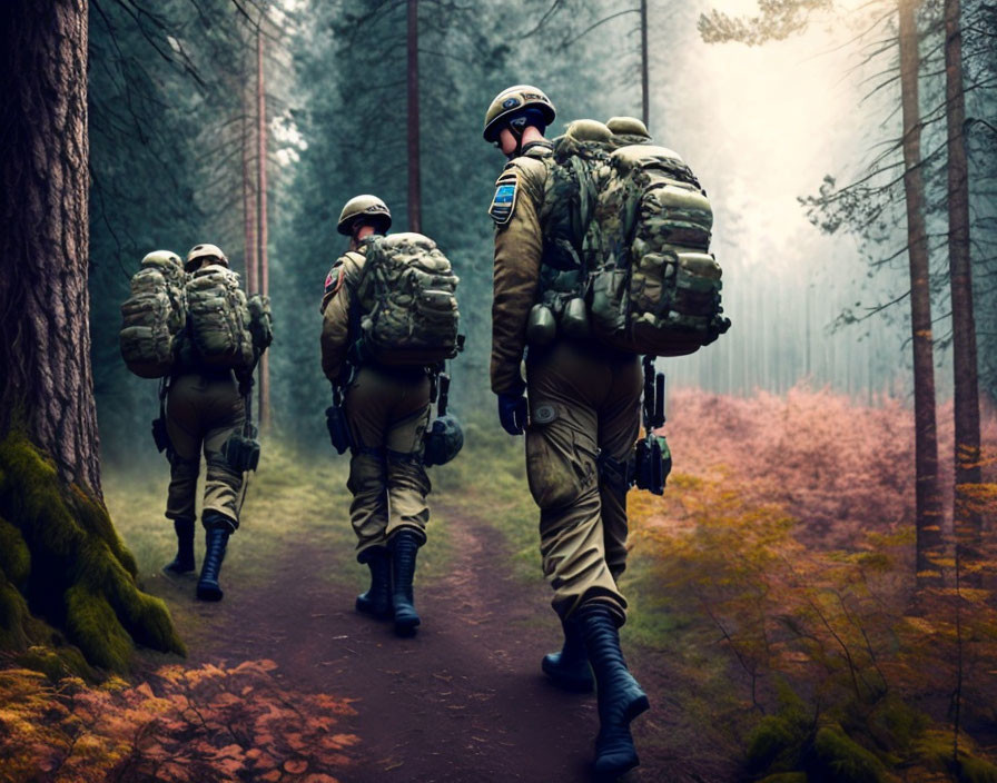 Military soldiers walking through misty forest path.