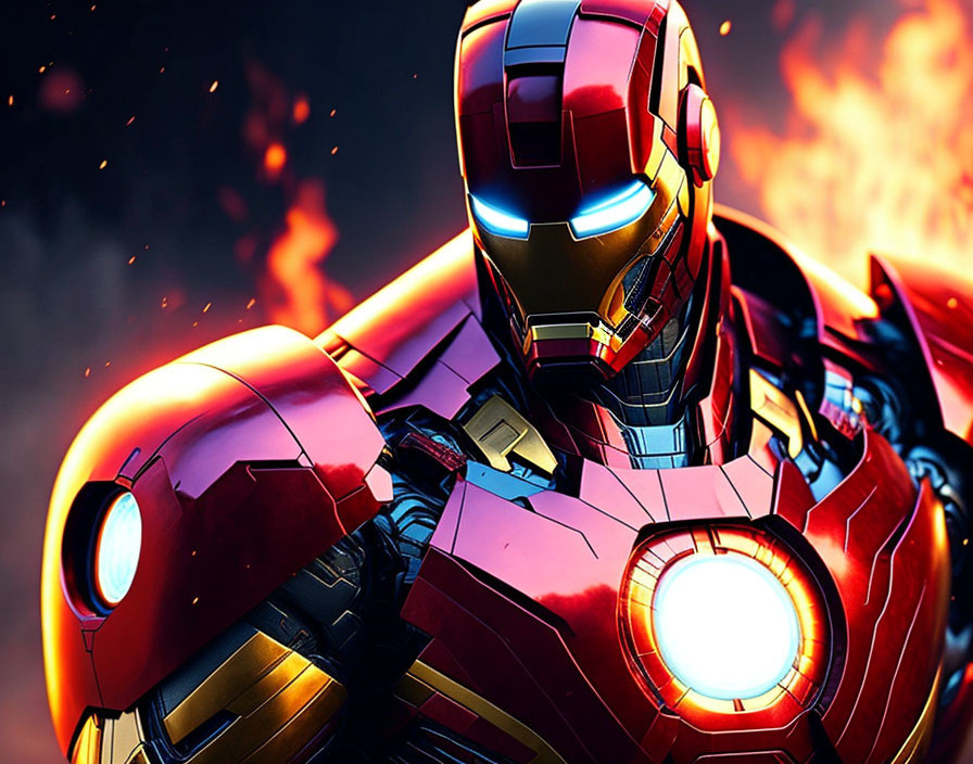 Close-up of Iron Man in red and gold armor with glowing arc reactor, against fiery background