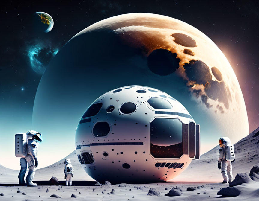 Astronauts on alien planet with large moons and habitat module