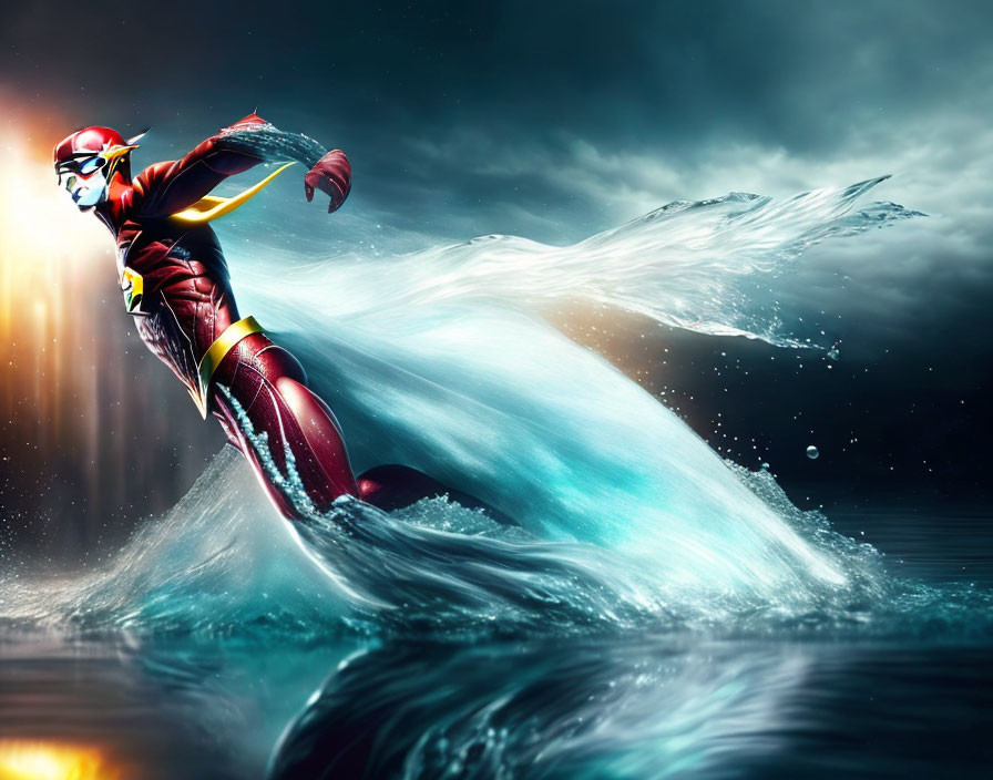 Superhero in Red and Yellow Costume Surfing on High-Speed Wave