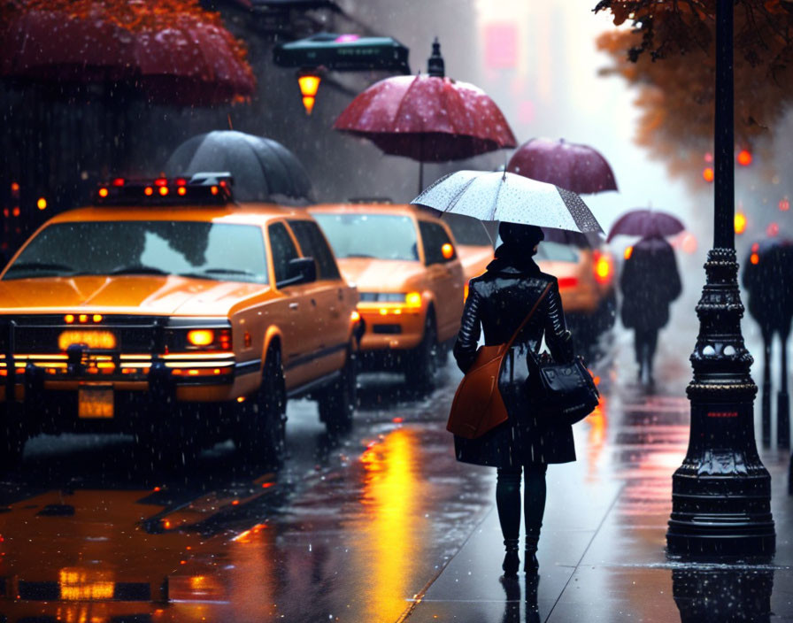 Urban Rainy City Street Scene with Person and Umbrella