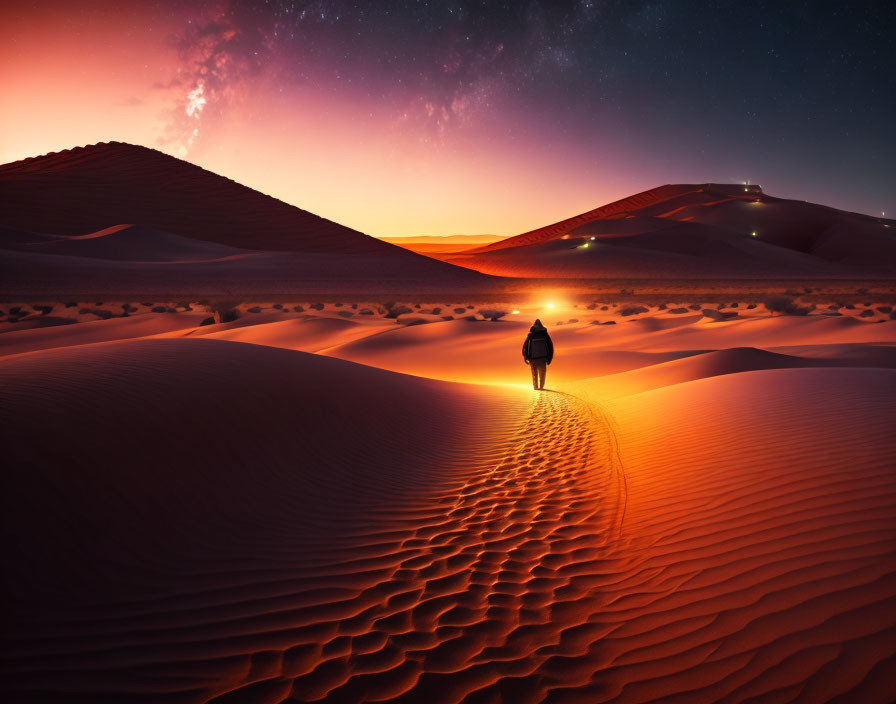 Solitary figure on desert dune under starry sky at sunrise or sunset