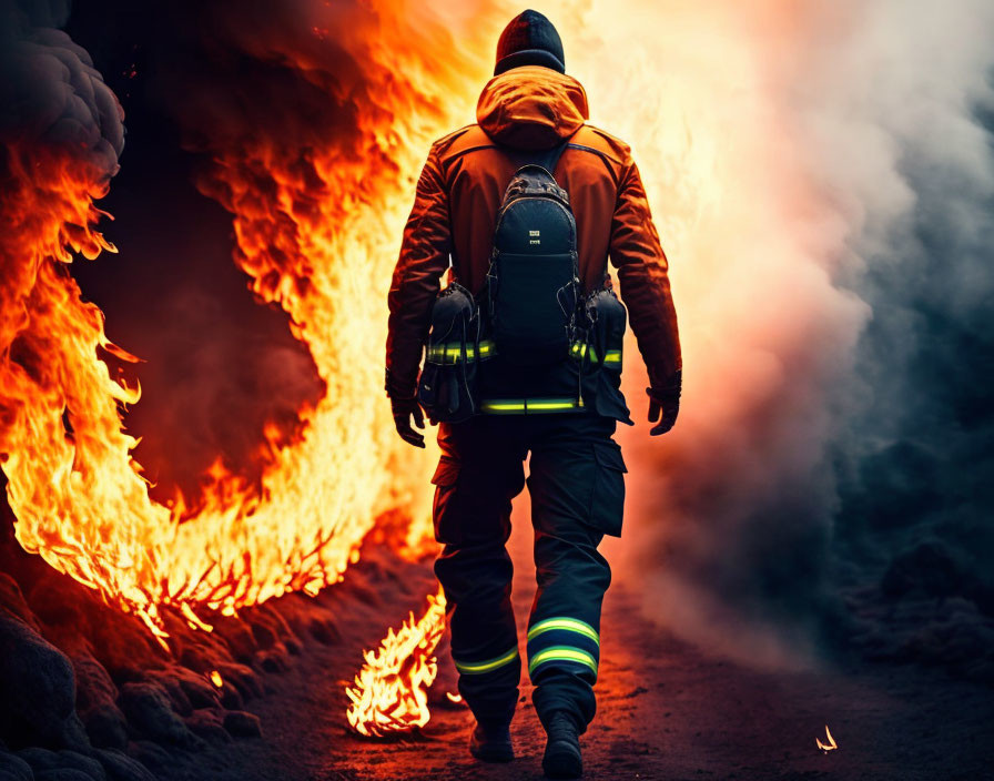 Firefighter in full gear walking towards intense flames