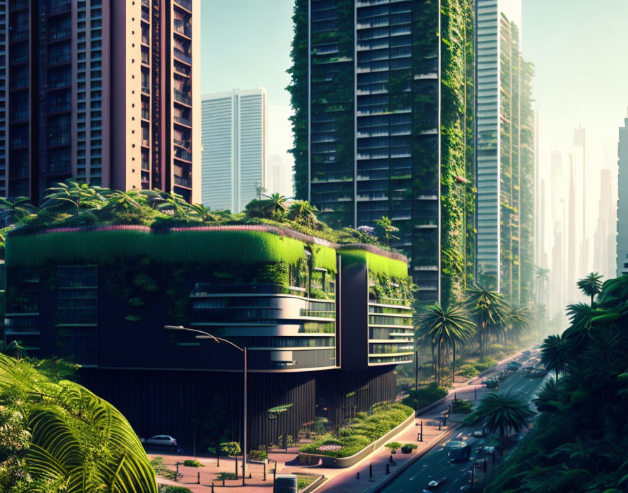 Futuristic cityscape with green skyscrapers and tropical plants bordering an empty road