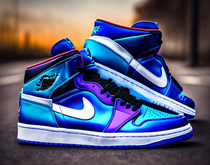 Blue and Purple Gradient Air Jordan 1 Sneakers with Swoosh Logo and White Sole