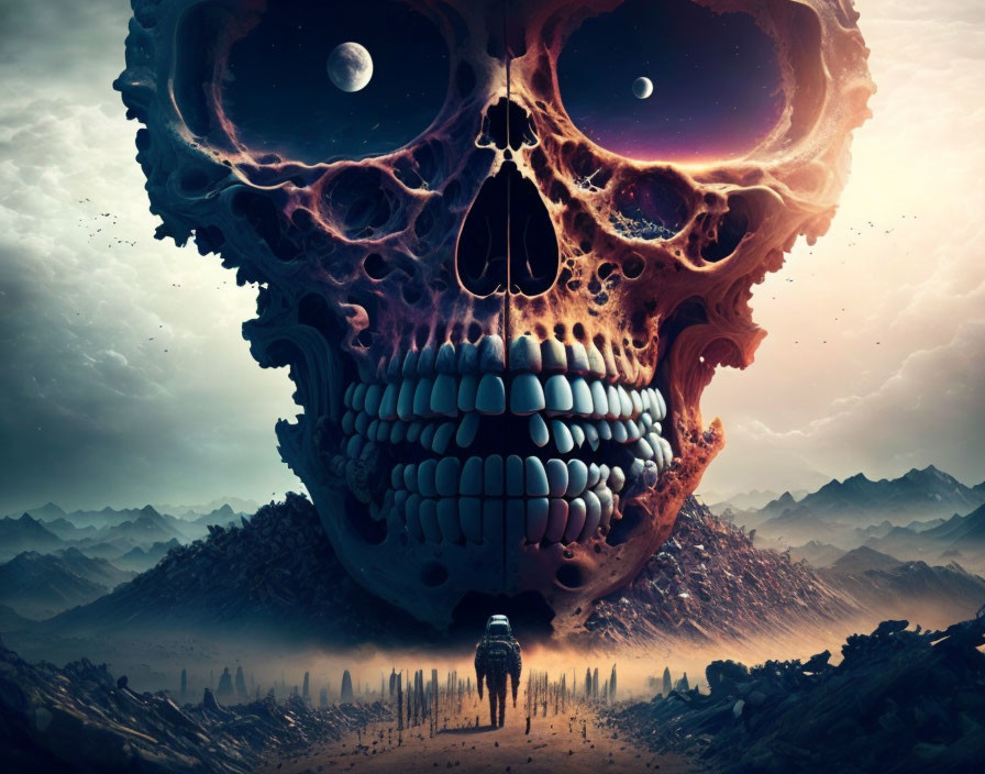 Person facing giant skull with cosmic eyes in mountainous landscape under twilight sky with two moons