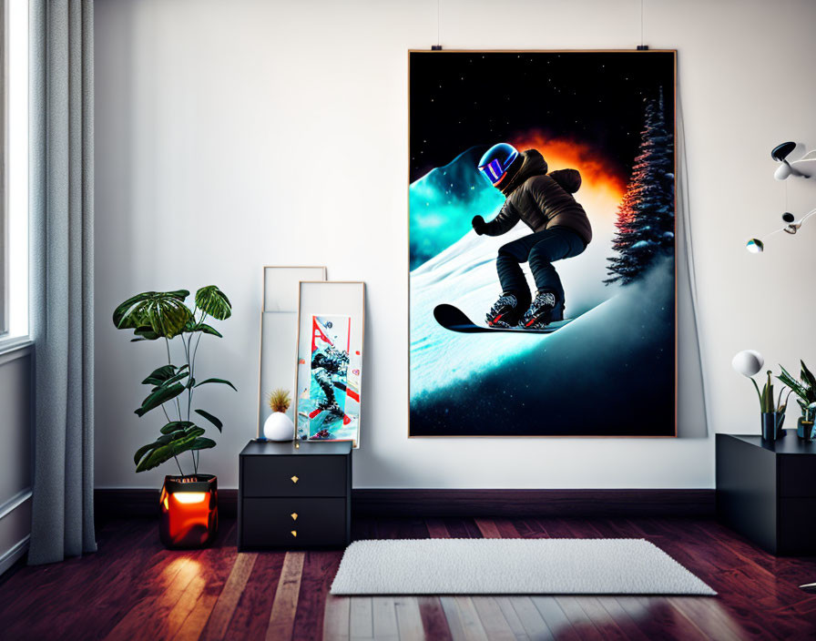 Contemporary room with astronaut snowboarding poster, plants, and chic furniture