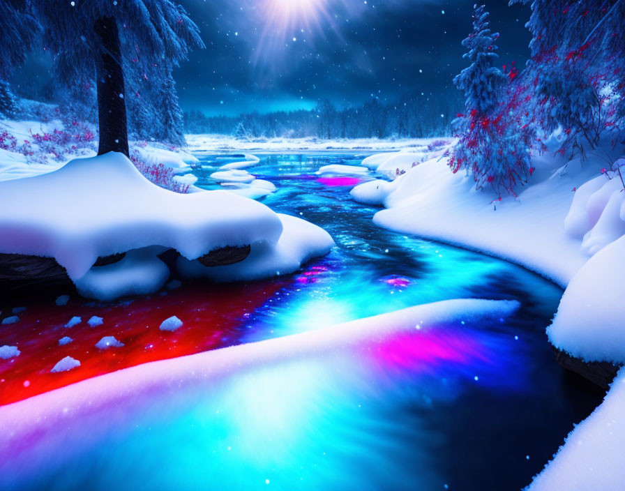 Vibrant multi-colored river in snowy night landscape