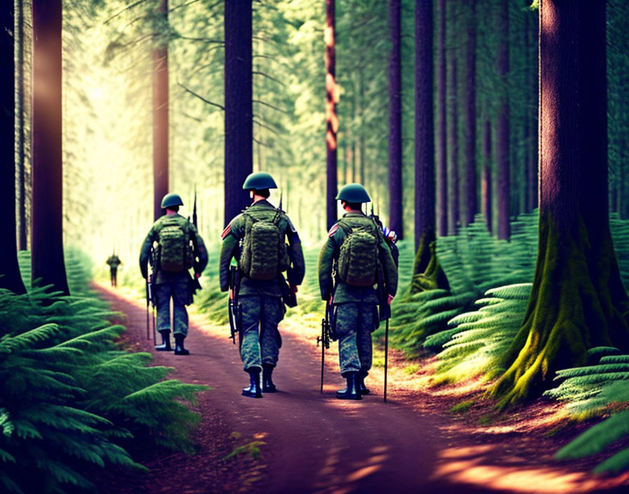 Military soldiers in camouflage walking in lush forest