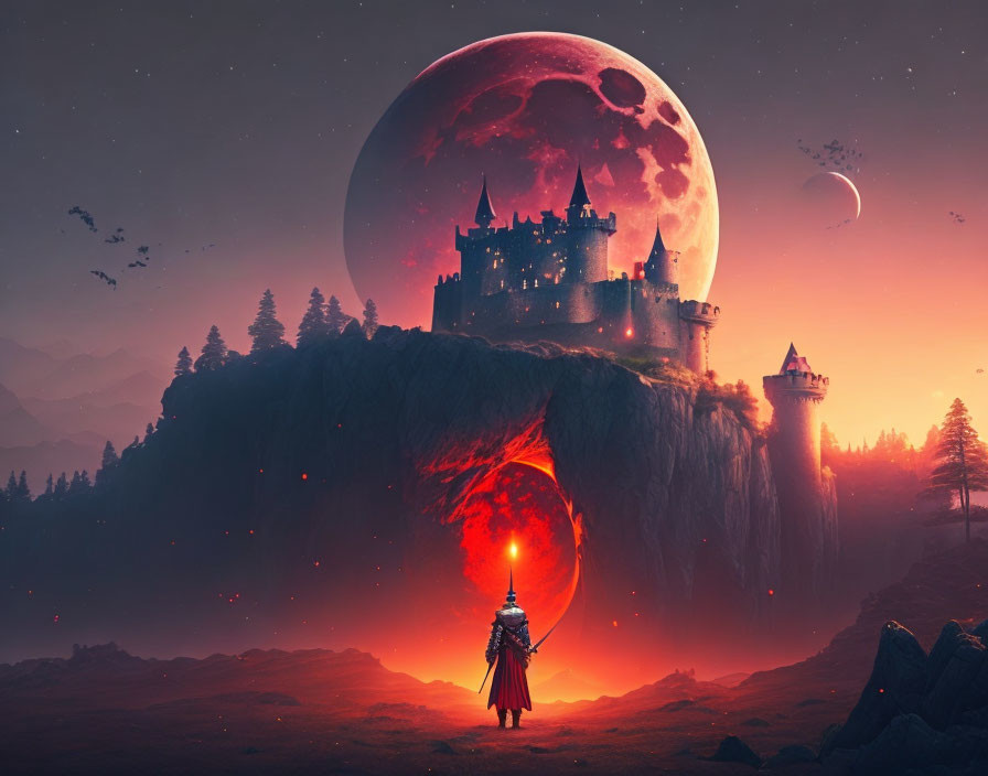 Knight observing fantasy scene: castle on floating rock cliff under red moon